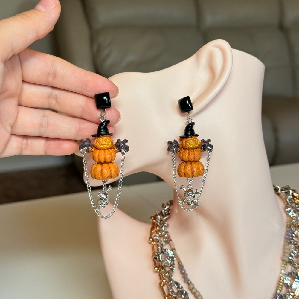 Halloween Pumpkin Stack Dangle Earrings with Skull Charm - Orange & Black - Picture 8 of 15